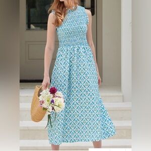LOFT Spring Smocked Blue and Pink Midi Dress